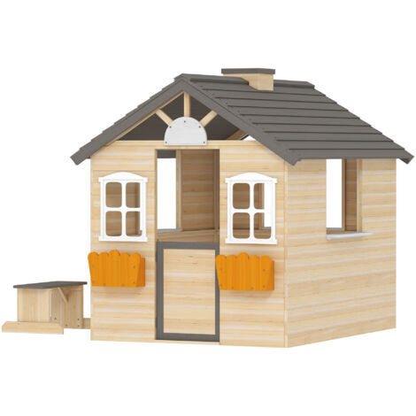 Cabane Enfants 3-7 Ans 2 Fenêtres avec Porte-Pots et Banc, en Bois de Sapin et PP, 113x94x134.5 cm (1/5)