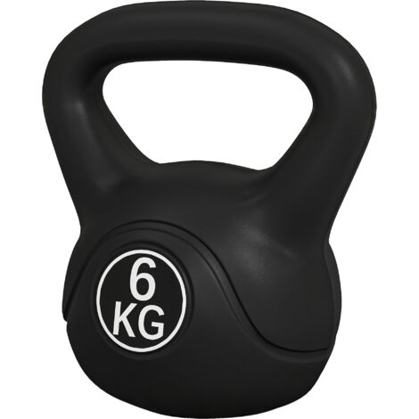 Kettlebell 6kg en plastique et sable, base plate et poignée, 20x13x22 cm, noir (1/5)