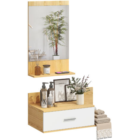 Lot d'entrée avec miroir, étagère et meuble mural, tiroir + 2 étagères ouvertes, bois et verre (1/5)