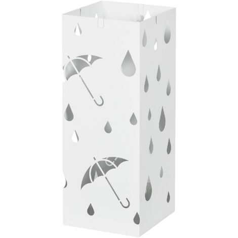 Porte-parapluie métallique blanc avec 4 crochets et bac récupérateur d'eau, 15,5x15,5x41 cm (1/5)