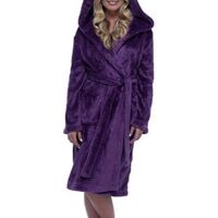 Peignoir polaire femme, robe de chambre à capuche, peignoir de bain en éponge, vêtement de nuit - L - Violet