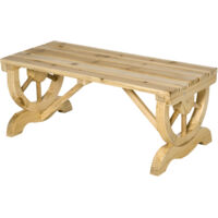 Banc de Jardin 2 Places à Lattes avec Pieds Roue de Chariot, en Bois, 98x50x39.5 cm, Teinte Bois