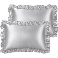 Ensemble de 2 taies d'oreiller à volants de luxe, housse d'oreiller rétro en satin soyeux avec volant, taies d'oreiller en satin 85 g/m² avec fermeture enveloppe, style boudoir, argent.