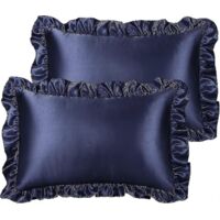 Ensemble de 2 taies d'oreiller à volants de luxe, housse d'oreiller rétro en satin soyeux avec volant, taies d'oreiller en satin 85 g/m² avec fermeture enveloppe - Standard - Bleu marine