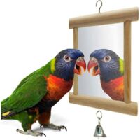 Miroir à oiseaux, double miroir en bois avec clochette, 10 x 10 cm