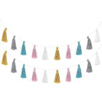 Lot de 2 guirlandes à pompons en coton, couleur pastel, pour décoration de fête d'anniversaire ou de fond.
