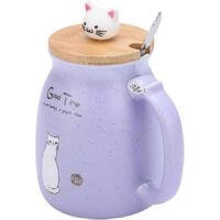 Mug à café personnalisé, mug à thé en céramique en forme de chat avec couvercle en bois et cuillère en acier inoxydable