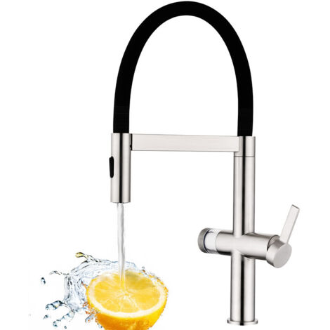 Wasserhahn Küche mit Filter, Hoher Bogen Küchenarmatur Ausziehbar, 360°Drehbar 2 Sprühfunktionen, Magnetrückstellung Mischbatterie Spültischarmatur Küche Edelstahl Gebürstet/Schwarz