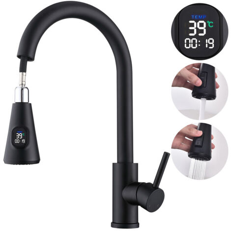 Wasserhahn Küche mit LED Temperaturanzeige, Küchenarmatur Ausziehbar, Hochdruck Mischbatterie Spültischarmatur aus Edelstahl mit 2 Strahlarten, Einfache Installation Schwarz