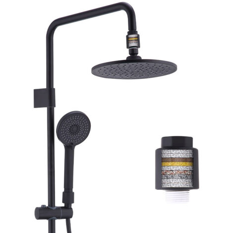 Regendusche Duschsystem ohne Armatur mit Filter, Schwarz Handbrause mit 4 Funktionen, Edelstahl Duschset mit Kopfbrause Rund, Duschstange SUS304