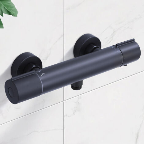 Duscharmatur mit Thermostat Schwarz - Aufputz Mischbatterie Dusche mit 38°C Sicherheitstaste, Duschthermostat Armatur, Thermostat Dusche aus Edelstahl Duscharmaturen Brausethermostat