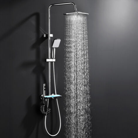 Duscharmatur Komplettset mit Glasablage - Regendusche mit Armatur und Edelstahl, Duscharmatur mit Klavierknopf, 4 Strahlarten mit Wasserfall-Auslauf, Duschgarnitur mit Regendusche Chrom (1/5)