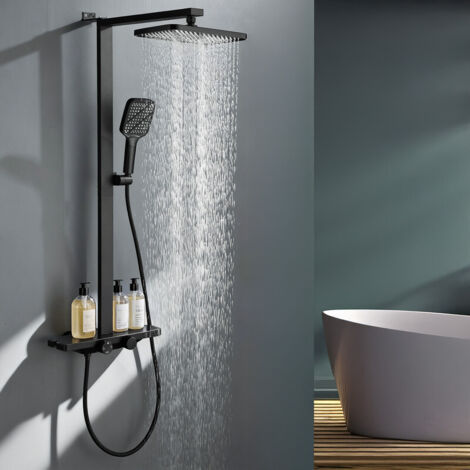 Duschsystem mit Thermostat und Glasablage Schwarz - Duscharmatur Komplettset mit 30x20 cm Regendusche Duschkopf und 3 Strahlarten Handbrause - Duschset mit Unterer Auslauf