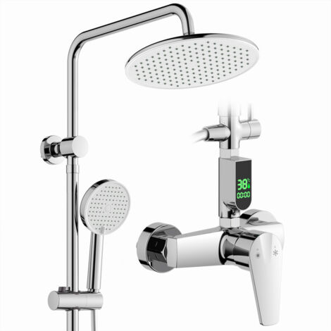 Duschsystem mit Armatur Chrom - Regendusche mit Armatur LED Temperature Display, 25 cm Rund Regendusche, 3 Strahlarten Duschkopf,Duscharmatur Komplettset, Duschset