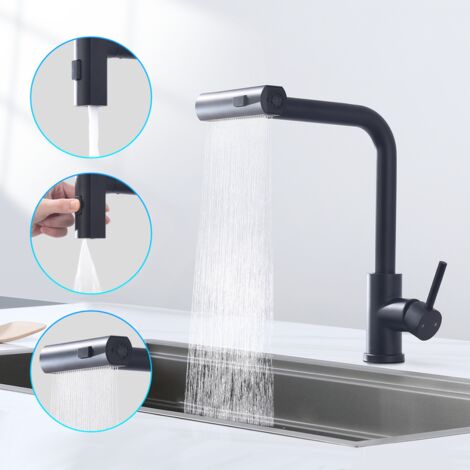 Wasserhahn Küche Schwarz, Küchenarmatur Ausziehbar mit 3 Strahlarten, Spültischarmatur mit Brause, Armatur Küche 360° Schwenkbar, Mischbatterie Küche Edelstahl