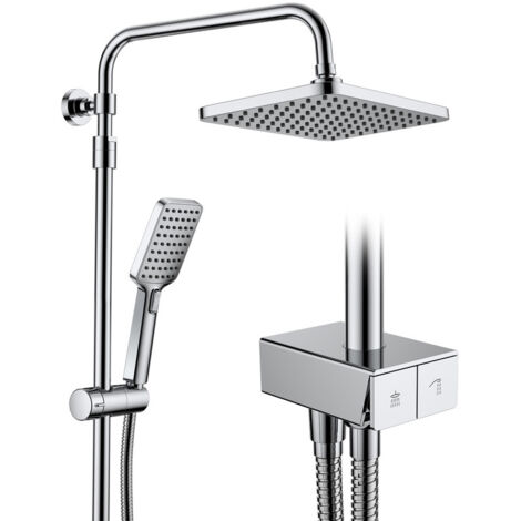 Duschsystem ohne Armatur mit Klavierschaltern, Duscharmatur Komplettset, Großer Quadratischer Regendusche ohne Armatur ideal zum Nachrüsten, Regenwalddusche Höhenverstellbar Duschstange