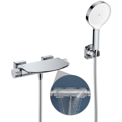 Badewannenarmatur mit Handbrause, Wasserfall Wannenarmatur, Badewannenarmatur Chrom, Messing Mischbatterie Wandarmatur für Badewanne, Wandmontage mit großer Plattform