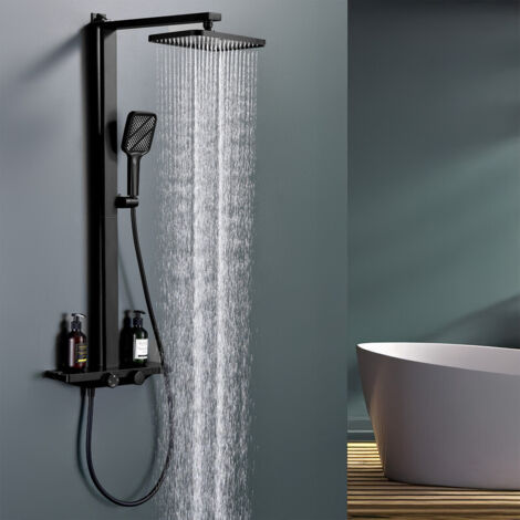 Duschsäule mit Thermostat 38 °C – Schwarz, Duschsystem mit 3 Funktionen, Wasserfall-Auslauf, Doppelbedienung & Ablage