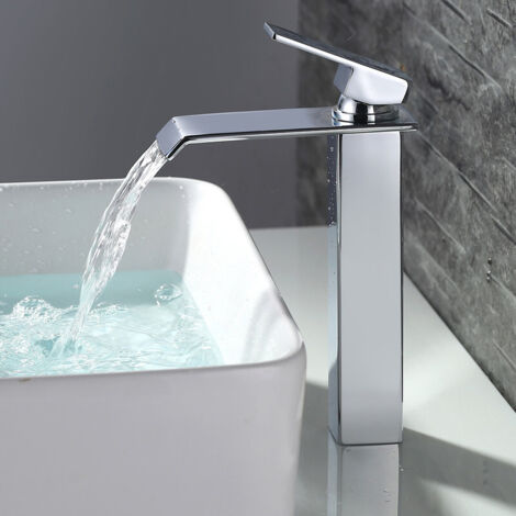 Rubinetto bagno a cascata in ottone, miscelatore monocomando per lavabo, altezza elevata, rubinetto lavabo cromato, miscelatore bagno elegante e moderno