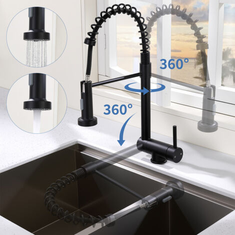 Miscelatore cucina 360° girevole, pieghevole 180° sotto finestra, rubinetto nero con due getti, acciaio inox 304, miscelatore lavabo e lavello moderno