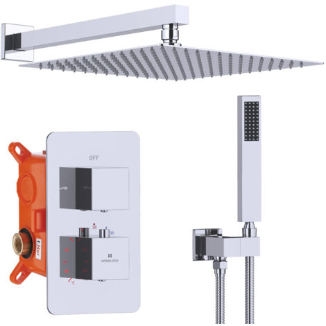 Duschsystem da incasso con termostato, miscelatore doccia quadrato cromato, soffione 12'' anti-scottatura, set completo con doccetta a mano in ottone
