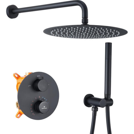 Sistema Doccia Incasso con Termostato, Set Doccia a Parete con Soffione 12 Pollici Effetto Pioggia e Doccetta, Corpo in Ottone, Antiscottatura, Design Moderno, Installazione a Incasso nero (1/5)