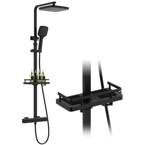 Sistema doccia con termostato e ripiano nero, miscelatore completo con soffione e doccetta, altezza regolabile, sicurezza 38 °C, montaggio a parete per bagno moderno