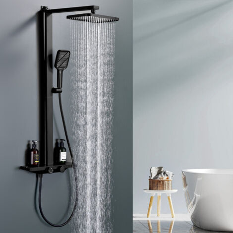 Colonna doccia termostatica nera 38 °C, kit doccia a 3 funzioni con uscita a cascata, doppio comando e mensola portaoggetti