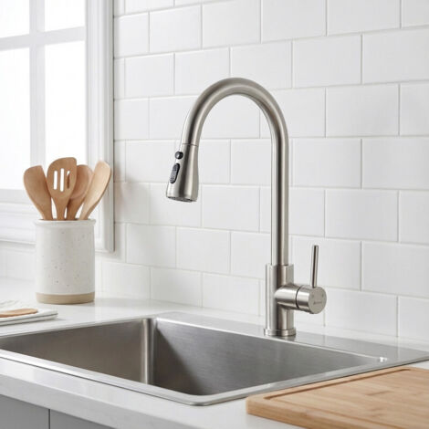 Rubinetto Cucina con Doccetta Estraibile, Miscelatore Lavello 3 Getti, Becco Girevole 360°, in Acciaio Inox Spazzolato