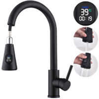 Miscelatore cucina LED con indicatore temperatura, doccetta estraibile, alta pressione, 2 getti, acciaio inox, facile installazione, rubinetto lavello nero