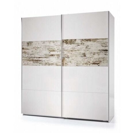 Kleiderschrank 180x200H cm Glänzend weiß und Vintage 2 Schiebetüren | Anstrich