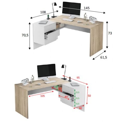 Buroschreibtisch 145x108 Cm Weiss Matt Und Kanadische Eiche Mit Drei Schubladen Anstrich