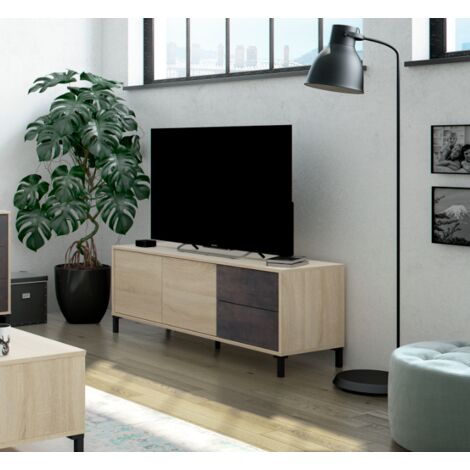 TV-Möbel 130x41x47 cm Oxidoptik und kanadische Eiche mit 2 Türen und 2 Schubladen – Mineo (1/5)