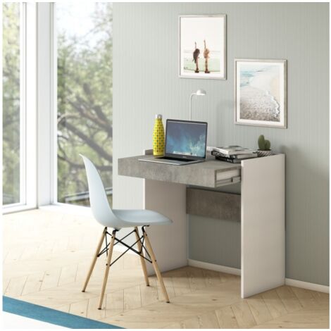 Schreibtisch 80x40 cm Esche weiß und Beton mit Schublade und Regal - Sombor