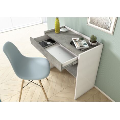 Schreibtisch 80x40 cm Esche weiß und Beton mit Schublade und Regal - Sombor
