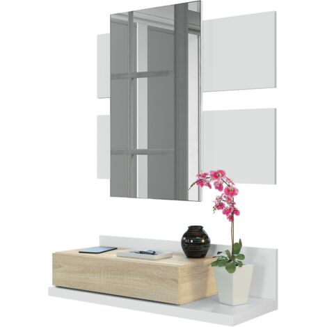 Hängemöbel für den Eingangsbereich 75x29x20 cm mattweiß und kanadische Eiche mit Spiegel und Schublade – Bari