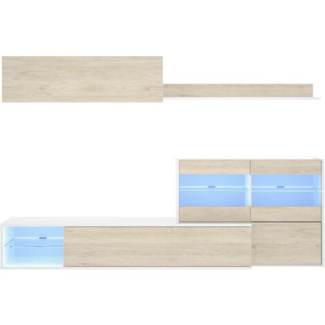 Ausgestatteter Wand-TV-Ständer 260 cm, glänzendes Weiß und natürliche Eiche - Ely (1/5)