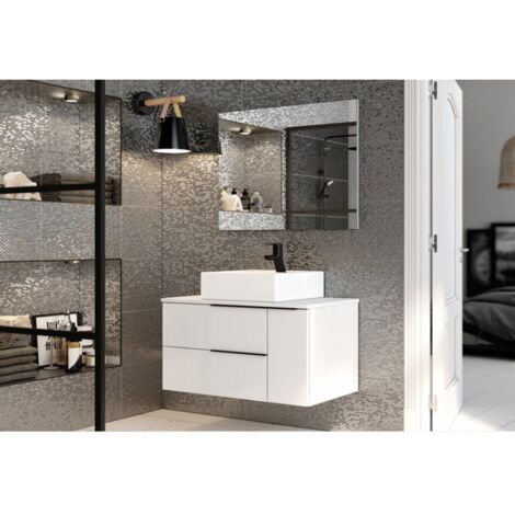 Hänge-Badezimmerschrank 120 cm aus glänzend weißem Holz mit Aufsatzwaschbecken - Liverpool - 120 cm mit spiegel und LED Lampe - Accessorio: Standard - Misura: 120 cm