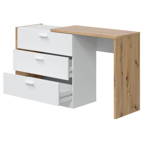 Kommode 130x75 nordische Eiche und Mattweiß mit ausziehbarem Schreibtisch und 3 Schubladen - Shanghai