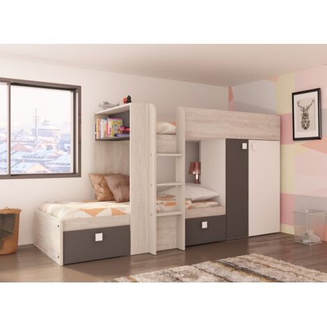 Etagenbett 285x148,2 cm mit Kleiderschrank, Eiche graphitschwarz und mattweiß - Albenga
