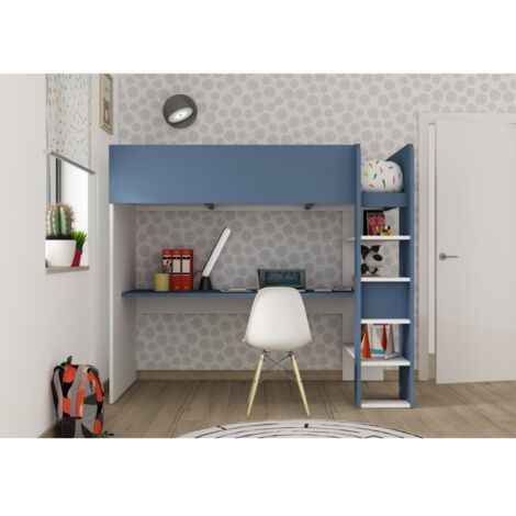 Kinder-Hochbett in Rauchblau und Mattweiß mit Schreibtisch - Florida