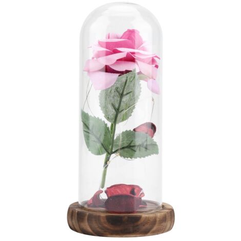 Leuchtende Rose mit Glasdeckel und Holzsockel – Geschenk zum Valentinstag oder zur Hochzeit – Rose (1/5)