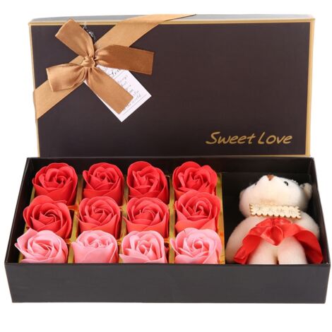 Teddybär mit 12 Seifenrosen – Romantisches Valentinstagsgeschenk in Geschenkbox (Rot)