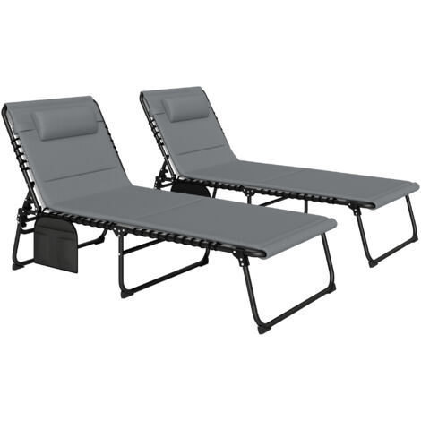 2er Set Sonnenliege klappbar Gartenliege mit Kopfkissen 5-Fach höhenverstellbarer Rückenlehne Seitentasche Dunkelgrau (1/5)