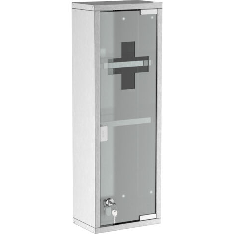 kleankin Medizinschrank aus Edelstahl und gehärtete Glastür Arzneischrank zur Medikamenten-Aufbewahrung, Abschließbar Medikamentenschrank mit 3 Fächern, Erste Hilfe Schrank, 20 x 12 x 58 cm, Silber