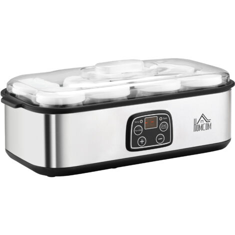 HOMCOM Joghurtbereiter Griechische Joghurtmaschine mit Deckel, 8 BPA-freier Glas-Innenbehälter à 180 ml, Joghurt Maker mit LCD Display Timer, für bis zu 1,4 Liter Joghurt 25 W Silber