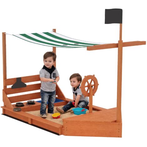 Sandkasten mit Sonnendach Piratenschiff, inkl. Kinderküchenspielset, Massivholz, 180 x 103 x 144,5 cm, Grün
