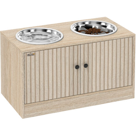 Hundefutterstation mit 2 Edelstahl-Näpfen, Schrank für Utensilien, für große Hunde, Zubehör, Holz