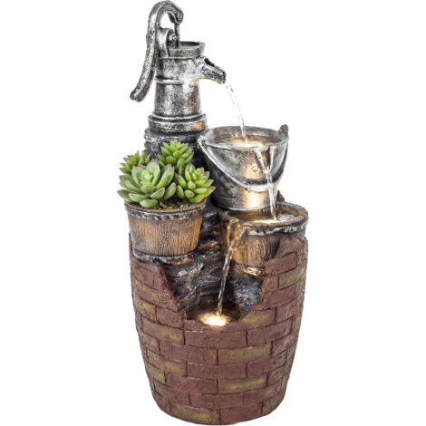 Springbrunnen 4-stufig rustikal Gartenbrunnen mit LED Beleuchtung Pflanzkübel Pumpe, Verstellbar 34 x 31 x 76 cm