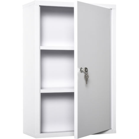 kleankin Medizinschrank Arzneischrank zur Medikamenten-Aufbewahrung, Abschließbar Medikamentenschrank Metall mit 3 Fächern Erste-Hilfe-Schrank, 40 x 18 x 60 cm, Weiß (1/5)